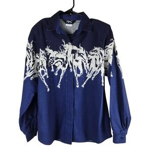 Vintage Roper Western Shirt Large Blue White Wild Horses Made in‎ USA Cotton